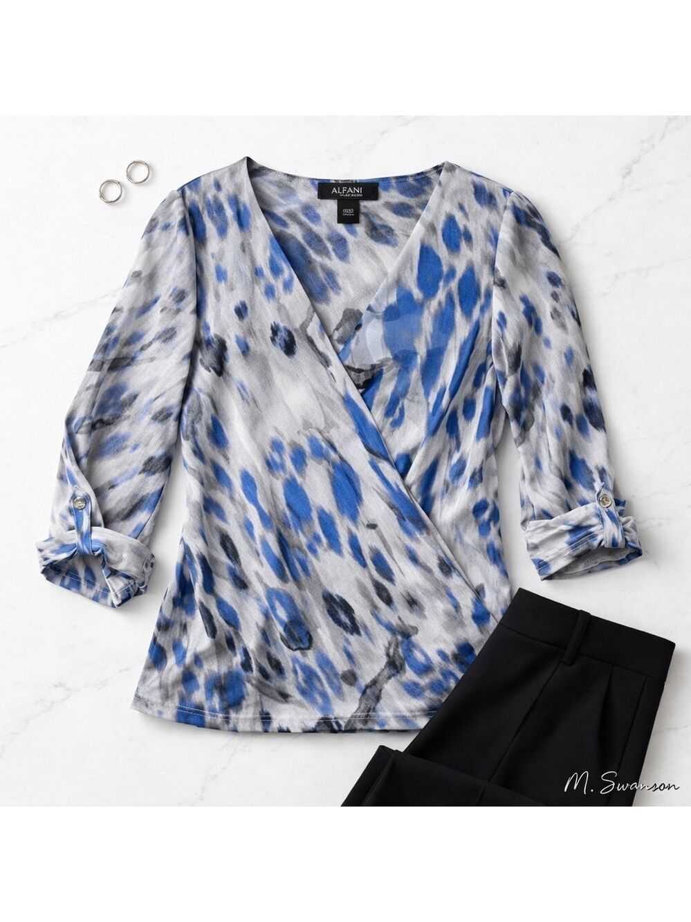Alfani Petite Large Abstract Print Blouson Blouse Blue Gray Lined NWOT